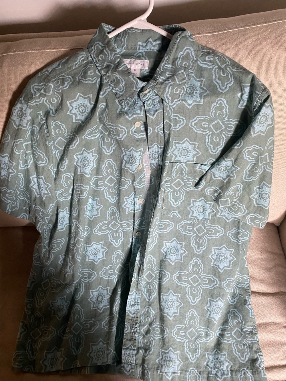 Sun + Stone Short-Sleeve Printed Button-Up in Sage Green and Light Blue